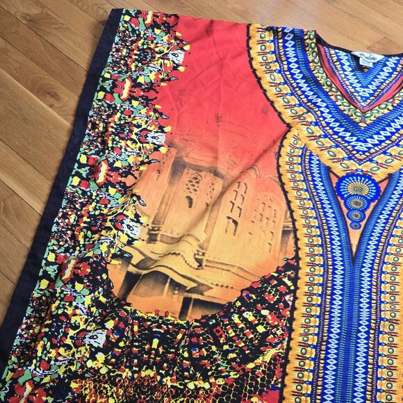 Red Yellow Orange Blue VNeck Kaftan Muu Muu Pool Beach Cover Up Dress India OSFM - Picture 6 of 13